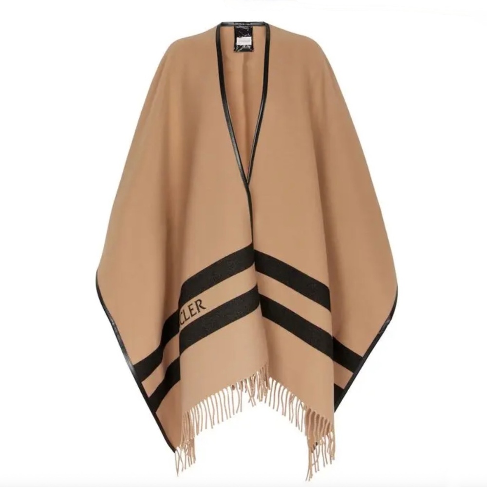 Moncler Beige Virgin Wool Logo Cape With Black Leather Trim And Fringe - Picture 3 of 15